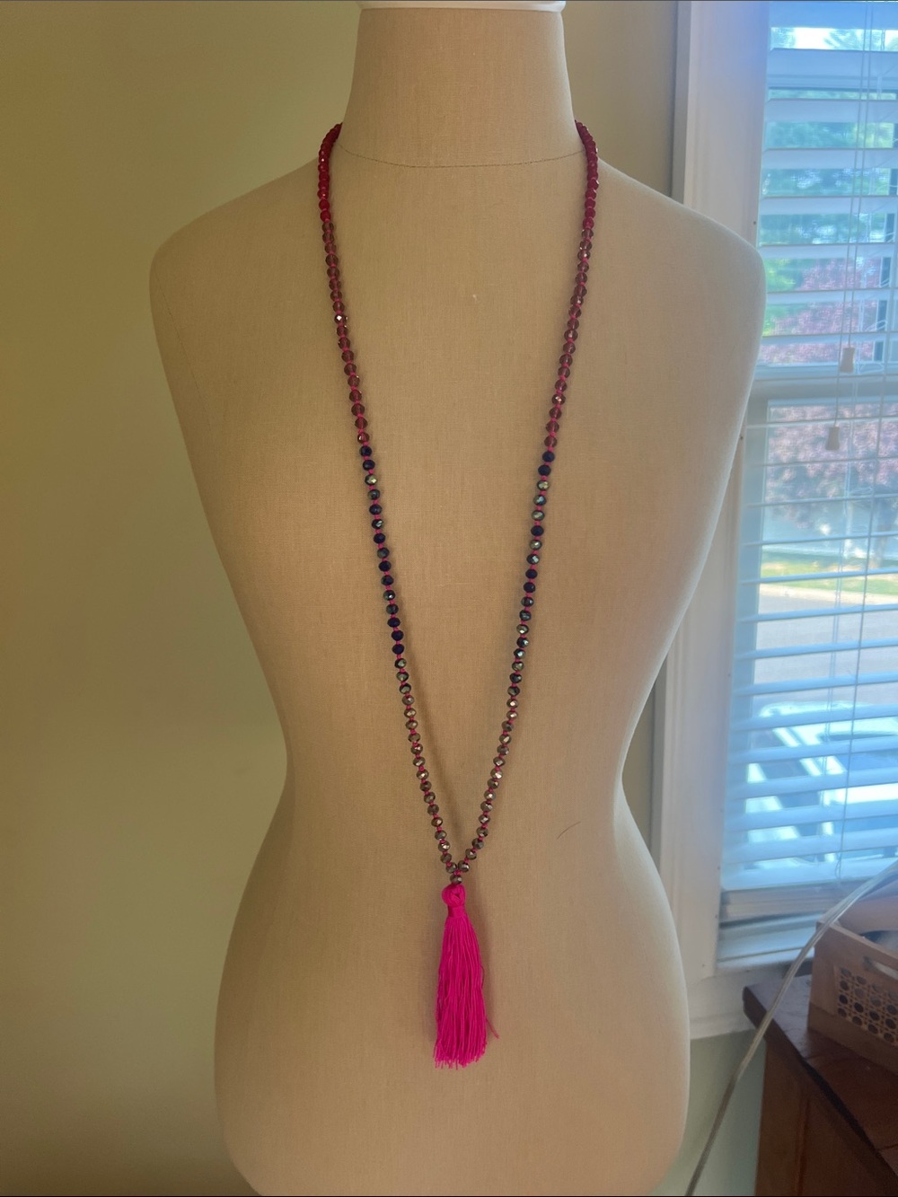 Express Hot Pink Beaded Long Necklace with Tassel NWT multiwear Y2K
